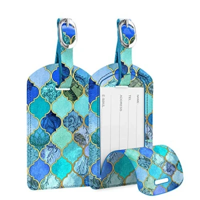 Abbildung von [2 Stück] Fintie Kofferanhänger aus Kunstleder, Gepäckanhänger ID Etikett mit Adressschild Namenschild für Reisetasche Koffer, Mint Jade