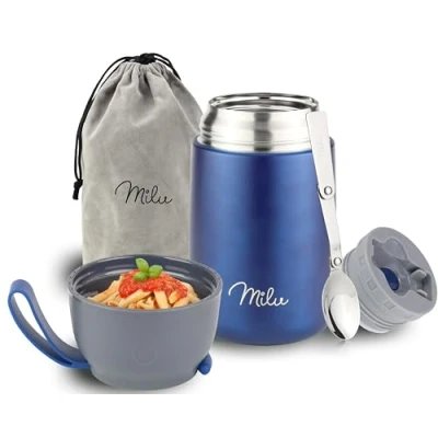 Abbildung von Milu® Thermobehälter 450, 650ml Edelstahl Warmhaltebehälter Essensbehälter Speisegefäß Babynahrung Essen warmhalten Behälter Thermo Lunchbox Müsli to go Navyblau,