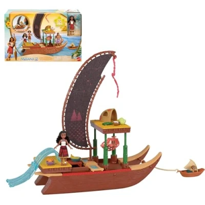 Abbildung von Mattel Disney Vaiana 2 Spielzeuge, Vaianas Abenteuerkanu Spielset mit schwimmendem Kanu, kleiner Puppe, 1 Charakterfreund, 6 Spielbereichen und 10 Zubehörteilen, JBT78