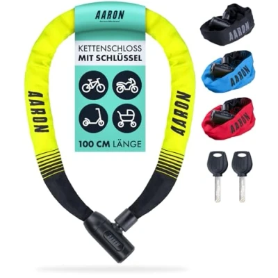 Abbildung von AARON Lock One Fahrradschloss mit Schlüssel, Kettenschloss aus Stahl und hoher Sicherheitsstufe Schloss für E Bike, Mountainbike, Trekkingrad, Tourenrad, Rennrad in gelb
