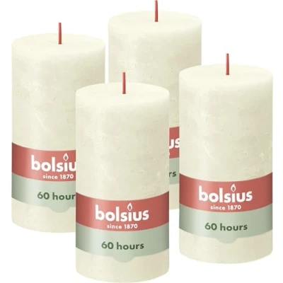 Abbildung von Bolsius Rustik Stumpenkerzen Elfenbein Set 4 Stück Dekorative Haushaltkerzen Länge Brenndauer 60 Stunden Unparfümierte Natürliches Pflanzenwachts Ohne Palmöl 13 x 7 cm