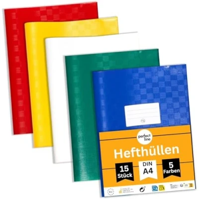 Abbildung von perfect line 15 Bast Hefthüllen DIN A4, 5 Farben, Heftumschlag mit Beschriftungsetikett, Heftschoner aus recyclebarem PP, dokumentenecht