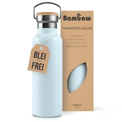 Abbildung von Bambaw Thermo Trinkflasche 1l, Edelstahl Blau, 1l Thermosflasche, Schraubverschluss, Spülmaschinenfest Eisblau