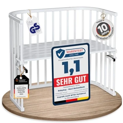 Abbildung von babybay Maxi extra großes Beistellbett aus massivem Buchenholz / Kinderbett Höhe stufenlos verstellbar &amp; umweltfreundlich mitwachsendes Babybett (weiß lackiert)