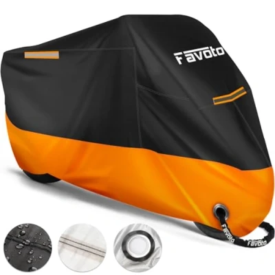 Abbildung von Favoto Verbesserte Version Wasserdicht Motorradabdeckung Motorrad Abdeckplane Outdoor Motorradgarage Motorroller Abdeckung Winddicht XXL mit 2 Gürtelschnalle Schwarz Orange 245cmx105cmx125cm