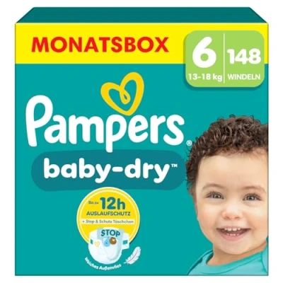 Abbildung von Pampers Windeln Größe 6, 148 Windeln, 13kg 18kg Baby Dry, Mit Stop &amp; Schutz Täschchen am Rücken für bis zu 100% Auslaufschutz die ganze Nacht