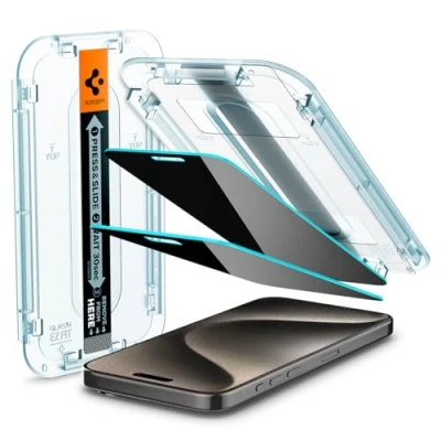 Abbildung von Spigen Glas.tR EZ Fit Sichtschutz Schutzfolie kompatibel mit iPhone 15 Pro Max, 2 Stück, Privacy Schutz, Kratzfest, 9H Härte Folie
