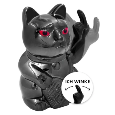 Abbildung von ANGRY CAT Winkekatze Lucky Lustige winkende Katze japanische Winkkatze mit Stinkefinger Dekoartikel Wackelfigur Winke Arm Mittelfinger 15cm, Black Shiny