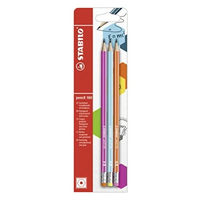 Abbildung von STABILO Bleistift mit Radiergummi pencil 160 in pink, blau, orange 3er Pack Härtegrad HB