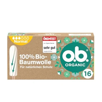 Abbildung von o.b. Organic Normal (16 Stück), Tampons aus 100% Bio Baumwolle mit geschwungenen Rillen für mittlere/stärkere Tage, zuverlässigen und natürlichen Schutz während der Periode