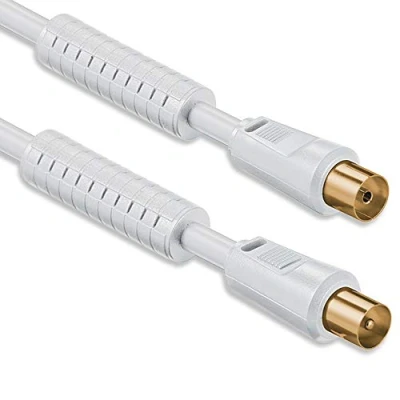 Abbildung von 1aTTack.de Antennenkabel 10 Meter (80 dB) mit Ferrite Mantelstromfilter, 2x geschirmt vergoldet, Koax Stecker &gt; Buchse (vollständig geschirmt) weiß St Ku FE gold 85db