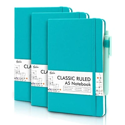 Abbildung von feela Notizbuch A5 liniert Hardcover, 3 Notizbücher Set, Journal Buch mit Gelstifte schwarz, 120 GSM, 13x21cm, Notizblock Set geeignet für Büro, Schule, Kinder und Erwachsene, Din A5, Rosa