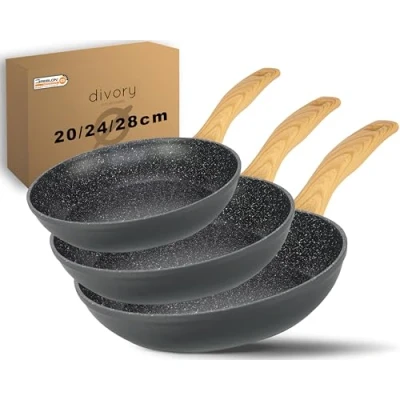 Abbildung von DIVORY Pfannenset 20, 24, 28cm Induktion Pfanne 3 teilig Antihaft Beschichtete große Universalpfanne für alle Herdarten Fester Griffe, Spülmaschinen geeignet (Griff: Helle Holzoptik)