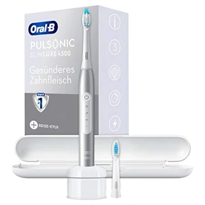 Abbildung von Oral B Pulsonic Slim Luxe 4500 Elektrische Schallzahnbürste/Electric Toothbrush, 2 Aufsteckbürsten, 3 Putzmodi für Zahnpflege + gesundes Zahnfleisch, Reiseetui, Designed by Braun, Platinum