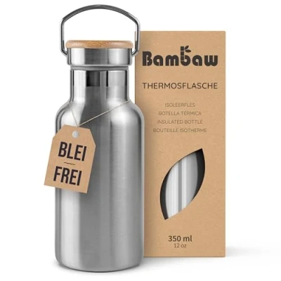 Abbildung von Bambaw Edelstahl Trinkflasche 350 ml Isolierte Thermosflasche für Sport, Büro, Schule, Outdoor Auslaufsicher &amp; ohne Plastik Langlebige Wasserflasche heiße kalte Getränke Metall Flasche