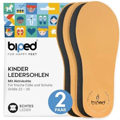 Abbildung von biped 2 Paar Kinder Premium Leder Einlegesohlen mit Aktivkohle Ledersohlen gegen Schweißfüße Weiche Einlagen für Kinderschuhe z2766(32 33)