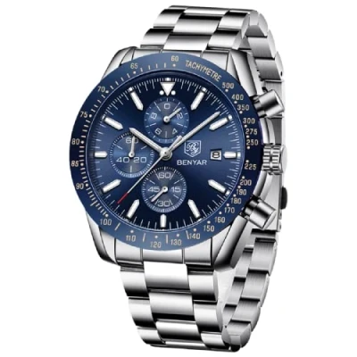 Abbildung von BENYAR Uhren Herren Chronograph Analog Wasserdicht Armbanduhr Edelstahl Großes Ziffernblatt Leuchtende Datum Herrenuhren Lässig Business Kleid fur Männer Klassische Elegantes Geschenk