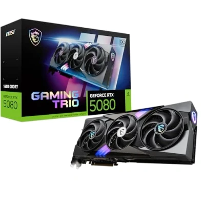 Abbildung von MSI GeForce RTX 5080 16G Gaming Trio OC — 16GB GDDR7 (30Gbps/256 bit), PCIe 5X 16, Boost: 2745 MHz, HDMI 2.1b, DisplayPort 2.1b