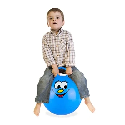 Abbildung von Relaxdays Hüpfball für Kinder, mit Gesicht, Hopseball Griff, Ø 45 cm, drinnen &amp; draußen, Sprungball bis 150 kg, blau