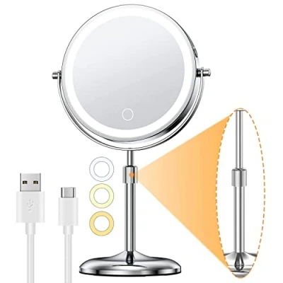 Abbildung von Gospire Wiederaufladbar Kosmetikspiegel mit Licht, 1X/10X Vergrößerung, 3 Farben Dimmable &amp; Höhenverstellbar 7&quot; Schminkspiegel, 360Schwenkbar Doppelseitiger LED Make up Spiegel, Chrom