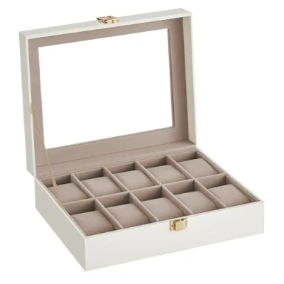 Abbildung von SONGMICS Uhrenbox mit 10 Fächern, Uhrenkasten, Glasdeckel, Uhrenkoffer, herausnehmbare Uhrenkissen, Metallverschluss, Geschenkidee, PU Bezug in Wolkenweiß, Samtfutter Cappuccinobeige JWB010W01