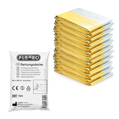 Abbildung von FLEXEO 10x Rettungsdecke Gold Silber 210cm x 160cm Rettungsfolie Notfall Erste Hilfe Decke Notfalldecke Rettungsdecken Emergency Blanket Goldfolie Silberfolie