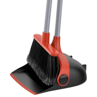 Abbildung von MR.SIGA Besen und Kehrschaufel Set mit langem Stiel, Standbesen für die Bodenreinigung, leichtes Kehrset den Innen Aussenbereich, 51.7&quot;(131 cm) Langer Schwarz &amp; Rot