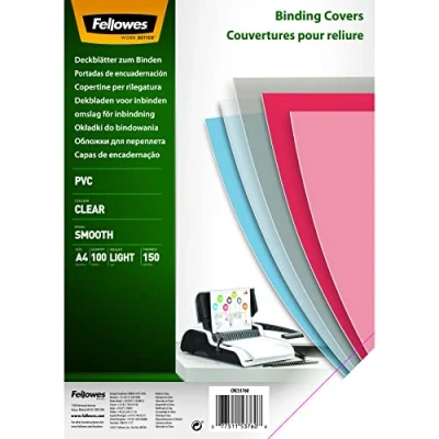 Abbildung von Fellowes PVC Deckblatt für Plastikbindung und Drahtbindung Stärke 150 Mikron transparent Format DIN A4 Packung mit 100 Stück