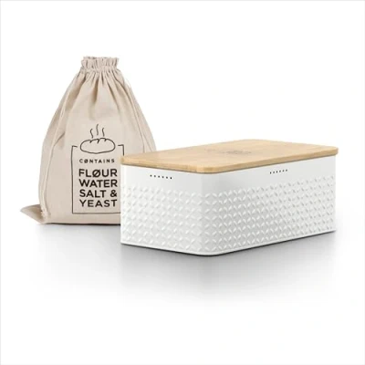 Abbildung von LARS NYSØM Brotkasten I Brotbox aus Metall mit Brotsack Leinen für langanhaltende Frische Brotdose hochwertigem Bambusdeckel verwendbar als Schneidebrett 34x18,5x13,5cm (Pure White)