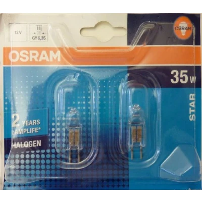 Abbildung von Osram HaloStar Halogen Niedervoltlampe, GY6.35 Sockel, dimmbar, 12 Volt, 35 Watt Ersatz für 50 Watt, Warmweiß 2900K, 2er Pack