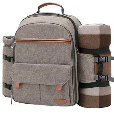 Abbildung von Sunflora Picknick Rucksack Set 4 Personen mit Isoliertem Kühlung und Decke, Picknickkorb für Camping Outdoor (Beige)