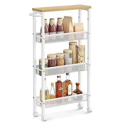 Abbildung von VASAGLE Rollwagen 4 Ebenen, Küchenwagen schmal, Nischenregal auf Rollen, Stahl, Griff, für kleine Räume, 13 x 45,4 77 cm, Küche, Bad, Wohnzimmer, Arbeitszimmer, eichenfarben weiß LRC032W09