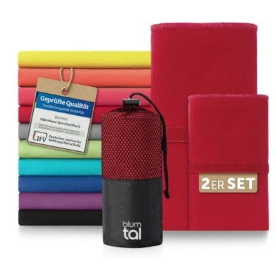 Abbildung von Blumtal Mikrofaser Handtuch 180x90 cm + 80x40 Set Sporthandtuch aus Reisehandtuch schnelltrocknend Handtücher Gym Towel XXL Travel Dunkelrot