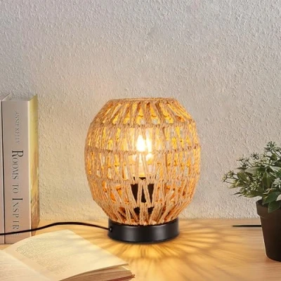 Abbildung von Tischlampe Vintage, Rattan Schreibtischlampe Mit Eisensockel, Boho Handgefertigter Geflochtener Lampenschirm E27 Retro, Rustikale FüR Tischlampe, Esszimmer, Hochzeit