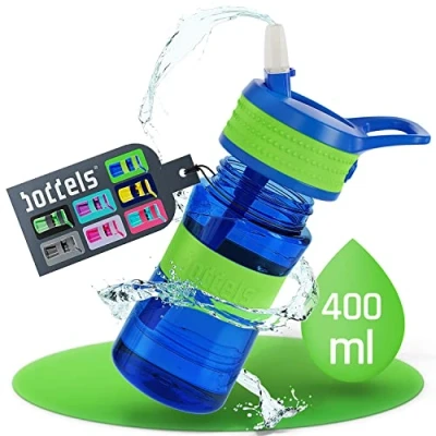 Abbildung von boddels Kinder Trinkflasche mit Strohhalm und rutschfestem Griff 400 ml auslaufsicher, bruchsicher Wasserflasche Kindergarten, Schule, Sport Kindertrinkflasche BPA frei
