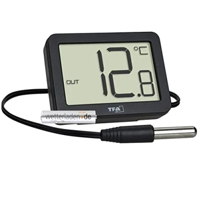 Abbildung von TFA Dostmann Digitales Innen Außen Thermometer, 30.1066.01, inkl wasserdichter Temperaturfühler, Höchst und Tiefstwerte, mit Magnet/Ständer, schwarz Batterie
