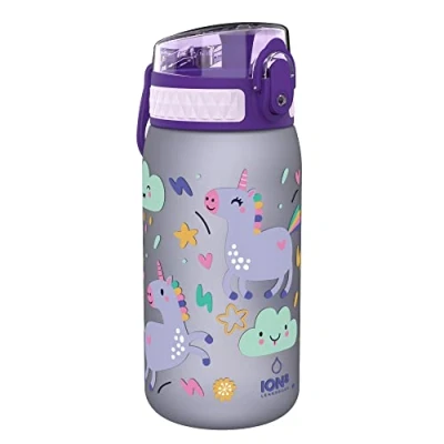 Abbildung von Ion8 Kinder Trinkflasche, 350ml, Auslaufsicher, Einhandöffnung, Sichere Verriegelung, Spülmaschinenfest, BPA frei, Tragegriff, Klappdeckel, Leicht zu Reinigen, Klimaneutral, Einhormer Design