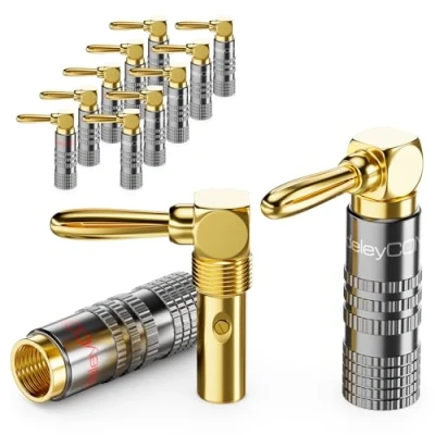 Abbildung von deleyCON 12 Stück Bananenstecker Set 90 Gewinkelt Vergoldet Schraubbar für Lautsprecherkabel Boxenkabel 0,75 mm 4,5 &amp; z. B. HiFi Heimkino Receiver