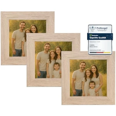 Abbildung von CABBEL Bilderrahmen 10x10 cm aus MDF Acrylglas bruchsicher Natur 3er Pack Quadratischer Fotorahmen zum Aufstellen oder Aufhängen Modern &amp; stabil