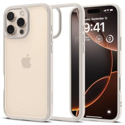 Abbildung von Spigen für iPhone 16 Pro Hülle [Anti Yellowing] Ultra Hybrid Case Handyhülle Schutzhülle Cover Transparent Durchsichtig Dünn Slim Natural Titanium
