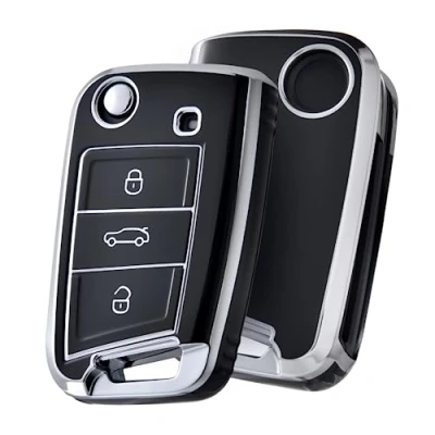 Abbildung von OATSBASF Autoschlüssel Hülle VW, Schlüssel Kompatibel für VW Golf 7 Schlüsselhülle, Schlüsselbox Cover Polo, Skoda, Tiguan, MK7 3 Tasten (Silber Rand Schwarz)