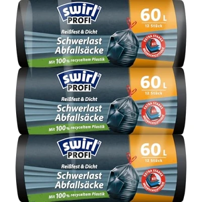 Abbildung von Swirl Schwerlast Müllsäcke 60 l (3 x 12 Beutel), Mülltüten mit praktischem Zugband, tropf und durchstoßsichere Müllbeutel für schweren Abfall aus Haus Garten