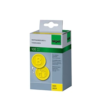 Abbildung von SIGEL WM004 Wertmarken Chips / Pfandmarken Bier, gelb, 100 Stück, Ø 25 mm, aus stabilem Kunststoff, wiederverwendbar