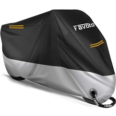 Abbildung von Favoto Verbesserte Version Motorrad Abdeckplane Outdoor Motorradabdeckung mit Schlüsselloch 3 Reflexionsstreifen Schützt vor UV Regen Schnee Staub Silber Schwarz XXXL 265x105x125cm