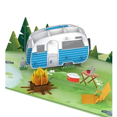 Abbildung von papercrush® Pop Up Karte Camping mit Wohnwagen 3D Geburtstagskarte oder Geldgeschenk für Camper, Lustiges Geschenk Frauen und Männer, Gutschein Campingplatz Reise