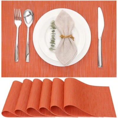 Abbildung von Myir JUN Tischsets Abwaschbar 6er Set, Gewebte Platzdeckchen rutschfest Abgrifffeste Hitzebeständig, Vinyl Platzsets für küche Speisetisch Hotel, Platz Matten 30x45cm (Orange)