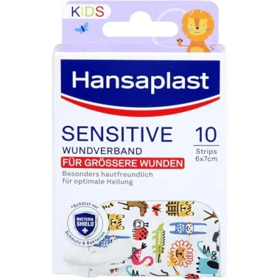 Abbildung von Hansaplast Sensitive Kids Wundverband (6 x 7 cm), besonders hautfreundliche Wundpflaster für mittlere bis größere oberflächliche Wunden, schmerzlos zu entfernendes Kinderpflaster