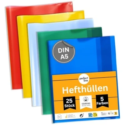 Abbildung von perfect line 25 Hefthüllen DIN A5, 5 Farben Heftumschlag transparent genarbt Heftschoner aus recyclebarem PP, Dokumentenecht