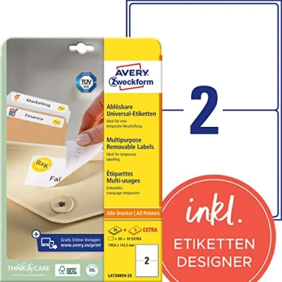 Abbildung von AVERY Zweckform L4734REV 25 Universal Etiketten (50 plus 10 Klebeetiketten extra, 199,6x143,5mm auf A4, wieder rückstandsfrei ablösbar/abziehbar, bedruckbar, selbstklebende Aufkleber) 30 Blatt, weiß