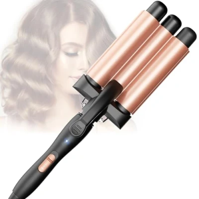 Abbildung von Lockenstab 3 Fässer Beach Waves Welleneisen Einstellbar Schnell Eerhitzendes für Langes Kurzes Haar